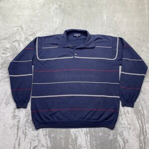 Daniel Hechter Paris Mens Sz L Navy Blue Striped Cotton Long Sleeve Polo Sweater